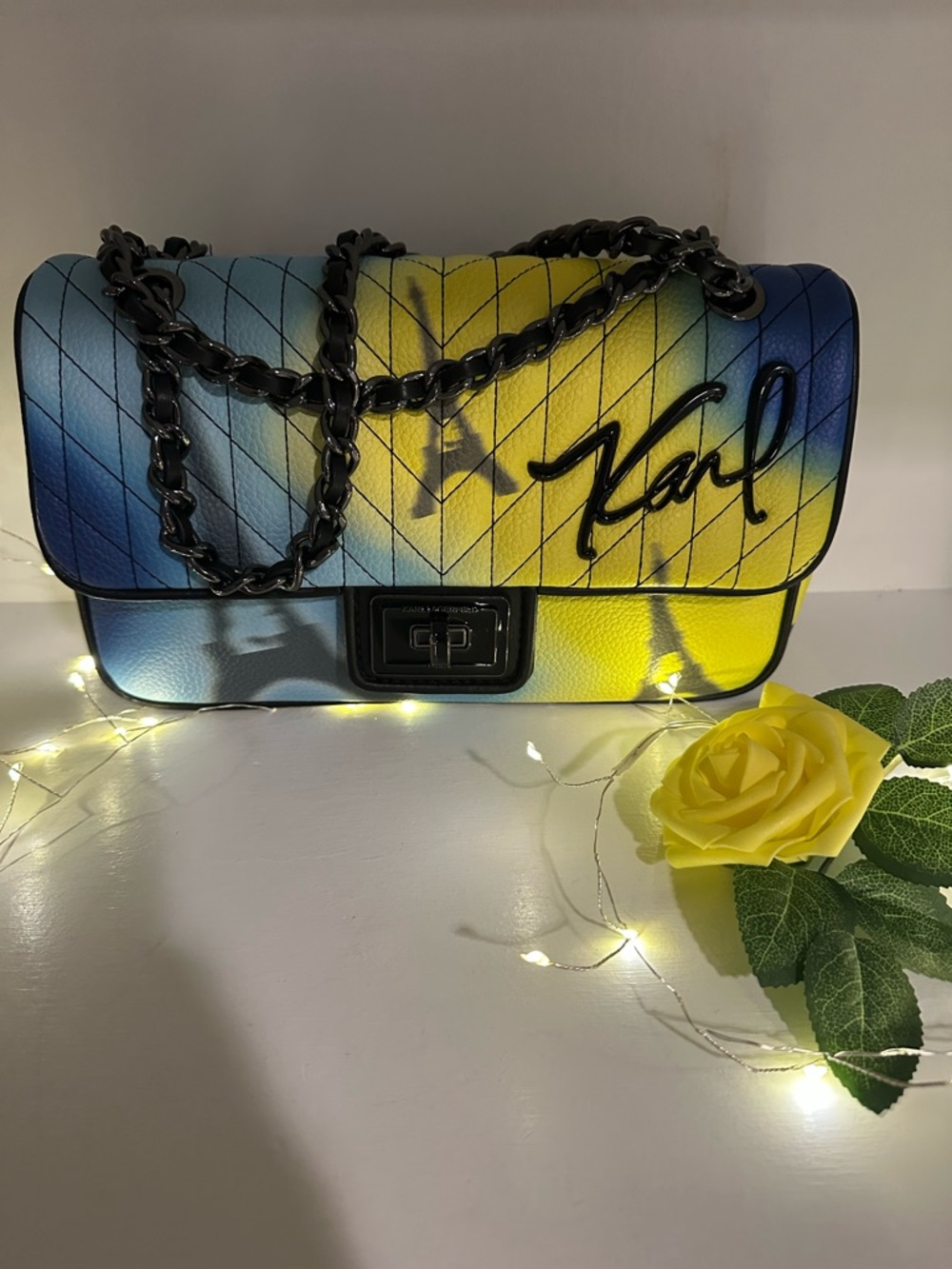 Karl Lagerfeld Signature Gradient Quilted Shoulder Bag in Blue & Yellow